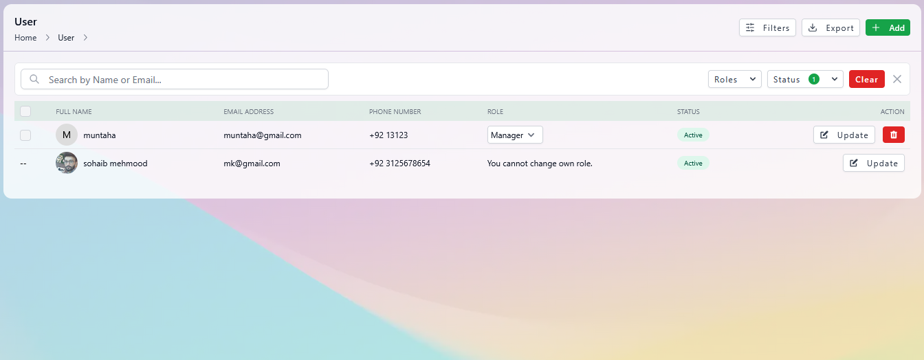 User listing with roles and status